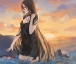  battleship_hime black_dress black_hair breasts cleavage commentary_request dress horns kantai_collection lady_dokuro large_breasts long_hair looking_to_the_side pale_skin red_eyes shinkaisei-kan short_dress solo sunset very_long_hair wading water 