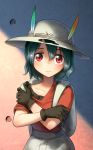  alternate_eye_color artist_name backpack bag black_gloves blush collarbone commentary crossed_arms eyebrows_visible_through_hair frown gloves green_hair hair_between_eyes hat hat_feather highres kaban_(kemono_friends) kemono_friends looking_at_viewer red_eyes red_shirt shirt short_hair short_sleeves signature solo upper_body welt_(kinsei_koutenkyoku) white_hat 