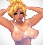  blonde_hair blue_eyes breasts breasts_apart covered_nipples eyeshadow high_ponytail large_breasts lips makeup mechanical_halo mercy_(overwatch) nipples no_bra nose overwatch parted_lips perky_breasts puffy_nipples robert_porter see-through shirt short_hair solo tank_top wet wet_clothes wet_shirt white_background 