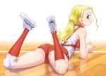  1girl ass blonde_hair blush girls_und_panzer green_eyes looking_at_viewer looking_back maboroshi_dandy sasaki_akebi solo sportswear volleyball_uniform 