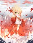  air_bubble b_rock bad_id bad_pixiv_id bangs blonde_hair braid bubble dress epaulettes fate/extra fate/extra_ccc fate_(series) flower hair_bun hair_ribbon hand_up highres holding holding_flower juliet_sleeves long_sleeves looking_at_viewer nero_claudius_(fate) nero_claudius_(fate)_(all) petals puffy_sleeves red_dress red_flower red_ribbon red_rose ribbon rose rose_petals solo underwater 