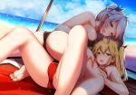  admiral_hipper_(azur_lane) ahoge antenna_hair ass azur_lane bangs bare_shoulders beach bikini black_bikini blonde_hair blue_sky blush breasts cloud cloudy_sky commentary_request day eyebrows_visible_through_hair green_eyes hair_between_eyes long_hair looking_at_viewer lying_on_person mole mole_on_breast multicolored_hair multiple_girls ocean open_mouth outdoors prinz_eugen_(azur_lane) revision silver_hair sky spread_legs streaked_hair sunlight swimsuit take_your_pick tobimura topless two_side_up water 