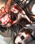  battleship_hime black_dress black_hair breasts cleavage commentary_request dress hair_between_eyes horns kantai_collection long_hair looking_at_viewer pale_skin red_eyes shinkaisei-kan short_dress smile solo teroru thigh_strap 