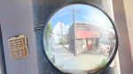  blue_sky blurry_foreground bus cloud day fisheye ground_vehicle highres motor_vehicle no_humans original outdoors power_lines reflection road scenery sky street summer telephone_pole traffic_mirror tree vending_machine 