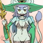  amboynav2 bikini breasts clothed clothing female green_hat hair hat kemono long_hair melee_weapon open_mouth polearm purple_hair skimpy spear swimsuit weapon witch_hat yellow_eyes 