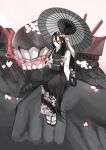  battleship_hime black_hair black_kimono braid commentary_request hair_over_shoulder highres holding_branch horns japanese_clothes kantai_collection kimono lady_dokuro long_hair monster oriental_umbrella pale_skin red_eyes sandals shinkaisei-kan single_braid sitting solo turret umbrella very_long_hair white_skin 