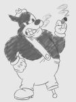  2018 anthro black_fur canine cigar clenched_teeth clothed clothing digital_media_(artwork) disney fur greyscale hi_res itoruna looking_at_viewer male mammal monochrome overweight overweight_male peg_leg_pete pete_(disney) smoking solo teeth 