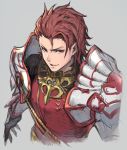  armor gauntlets granblue_fantasy grey_background haoni looking_at_viewer male_focus parted_lips pauldrons percival_(granblue_fantasy) red_eyes red_hair simple_background smile solo upper_body 