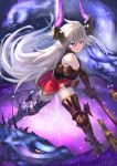  armored_boots axe bare_shoulders boots brown_gloves closed_mouth commentary_request dragon elbow_gloves gloves granblue_fantasy grey_hair hair_between_eyes highres holding holding_weapon horns legs_apart long_hair looking_at_viewer red_eyes red_skirt skirt smile solo standing thalatha_(granblue_fantasy) thigh_boots thighhighs wasabi60 weapon 