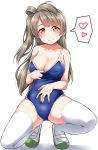  \||/ bangs blue_swimsuit blush breasts cleavage collar_tug collarbone commentary_request competition_school_swimsuit full_body grey_hair hand_on_own_stomach heart highres large_breasts long_hair love_live! love_live!_school_idol_project minami_kotori one-piece_swimsuit one_side_up school_swimsuit shoes simple_background smile solo spoken_heart spread_legs squatting swimsuit thighhighs uwabaki white_background white_legwear yellow_eyes yopparai_oni 