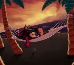  anthro beach beverage chest_tuft claws clothing cloud eyewear feet fur hammock hedgehog looking_at_viewer lying male mammal on_back open_mouth outside palmtrees red_eyes sea seaside shadow_the_hedgehog shorts skyeprower solo sonic_(series) sunglasses sunset tuft umbrella water 