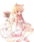  animal_ears b_rock bad_id bad_pixiv_id bangs bicycle blonde_hair blush cat_ears cat_tail choker dress eyebrows_visible_through_hair flower ground_vehicle highres long_hair looking_at_viewer original pink_flower pink_footwear pink_sailor_collar pink_skirt red_choker red_eyes sailor_collar sailor_dress shoes short_dress simple_background sitting skirt socks solo tail twintails white_background white_dress white_legwear 