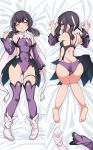  all_fours ass barefoot black_hair boots brown_eyes closed_eyes commentary_request dakimakura detached_sleeves fate/kaleid_liner_prisma_illya fate_(series) footwear_removed hair_ornament hairclip highres kneepits legs legwear_removed leotard long_hair looking_back lying magical_girl miyu_edelfelt multiple_views on_back open_mouth purple_legwear purple_leotard ribbon santa_(sunflower) showgirl_skirt thighhighs toes top-down_bottom-up twintails white_footwear 