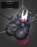  2018 annoyed anthro arthropod bdsm black_body black_eyes blush bound breasts butt cape clitoris clothing digital_media_(artwork) entangled female glossy hanging_(disambiguation) heavy_blush hi_res hollow_knight hornet_(hollow_knight) humanoid insect mask navel nipples not_furry nude pussy simple_background solo spread_legs spreading string text thick_thighs web zzvinniezz 