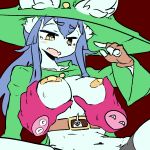  amboynav2 band-aid bandage blue_hair blush breast_grab breasts clothing female fingerless_gloves floating_hands gloves green_hat hair hand_on_breast hat kemono open_mouth witch_hat yellow_eyes 