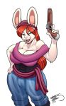 2018 anthro blue_eyes breasts cleavage clothed clothing digital_media_(artwork) female freckles_(artist) gun hair holding_object holding_weapon lagomorph long_hair looking_at_viewer mammal rabbit ranged_weapon red_hair signature simple_background solo weapon white_background 