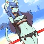  amboynav2 beach blue_hair breasts cleavage clothed clothing cloud female hair kemono long_hair looking_at_viewer open_mouth sea seaside water yellow_eyes 