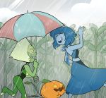  2016 alien blue_skin blushmallet bow cartoon_network clothed clothing dress duo female food fruit gem gem_(species) green_skin lapis_lazuli_(steven_universe) monster_girl_(genre) not_furry peridot_(steven_universe) pumpkin raining smile steven_universe teeth tongue 