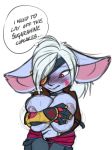  2018 3:4 big_breasts breasts clothed clothing collar colored_sketch covering covering_breasts female furball gloves hair humanoid league_of_legends navel nipples open_shirt pants pink_eyes portrait riot_games simple_background solo thought_bubble three-quarter_portrait video_games wardrobe_malfunction white_background white_hair wyla_(furball) yordle 