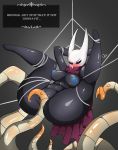  2018 annoyed anthro arthropod bdsm black_body black_eyes blush bound breasts butt cape clitoris clothing digital_media_(artwork) entangled female glossy hanging_(disambiguation) heavy_blush hi_res hollow_knight hornet_(hollow_knight) humanoid insect mask navel nipples not_furry nude pussy simple_background solo spread_legs spreading string tentacles text thick_thighs web zzvinniezz 