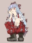  bangs blush boots bow chin_rest closed_mouth collared_shirt dress_shirt foreshortening fujiwara_no_mokou hair_bow hair_ribbon hand_on_own_cheek head_rest lavender_background long_hair long_sleeves looking_at_viewer ofuda pants red_eyes ribbon shirt silver_hair simple_background sinchan1228 solo squatting suspenders touhou very_long_hair white_shirt 