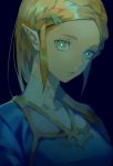  bangs black_background blonde_hair braid commentary green_eyes hair_ornament hairclip looking_at_viewer parted_bangs parted_lips pointy_ears princess_zelda solo the_legend_of_zelda the_legend_of_zelda:_breath_of_the_wild white_pupils yamakawa 