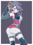  akisaki ass belt blue_eyes blue_girl blue_hair bodysuit card elbow_gloves fingerless_gloves gloves hair_ornament highres multicolored_hair sleeveless solo yuu-gi-ou yuu-gi-ou_vrains zaizen_aoi zipper 