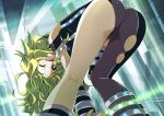  armband ass asymmetrical_legwear blonde_hair costume_request crotch green_eyes highres hoshii_miki idolmaster idolmaster_(classic) long_hair one_eye_closed smile solo sweat tokiani 