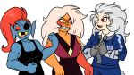  2016 alien blush breasts cartoon_network cleavage clenched_teeth clothed clothing crossover dorohedoro eye_patch eyewear female fish gem_(species) grey_hair group hair human isomaru jasper_(steven_universe) mammal marine monster muscular muscular_female noi_(dorohedoro) open_mouth orange_eyes red_eyes red_hair sharp_teeth smile steven_universe sweat sweatdrop teeth undertale undyne video_games white_hair 