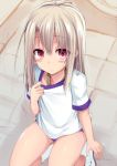  :&gt; bdsm blush bondage bound buruma fate/kaleid_liner_prisma_illya fate_(series) from_above illyasviel_von_einzbern kneeling light_brown_hair long_hair looking_at_viewer looking_up red_eyes rope sen_(astronomy) shibari shibari_under_clothes shirt_tug smile solo white_footwear white_legwear 