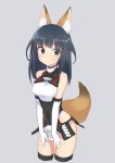  agatsuma_kaede alice_gear_aegis animal_ears bangs bare_shoulders black_hair blue_eyes cowboy_shot eyebrows_visible_through_hair fox_ears fox_tail gloves grey_background highres kemonomimi_mode kyuuri_(miyako) looking_at_viewer medium_hair pelvic_curtain simple_background solo straight_hair tail white_gloves 