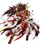 armor brown_eyes brown_hair bruise commentary cuts damaged english_commentary feathers fire_emblem fire_emblem_heroes fire_emblem_if full_body gloves highres holding holding_sword holding_weapon injury katana kita_senri long_coat long_hair male_focus mask official_art pants raijintou_(sword) red_armor ryouma_(fire_emblem_if) sheath solo spiked_hair sword torn_clothes torn_coat torn_pants transparent_background very_long_hair weapon white_coat white_pants 