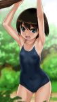  :d armpits arms_up ass_visible_through_thighs bangs bare_arms bare_shoulders black_swimsuit blurry blurry_background blush breasts brown_hair commentary_request competition_school_swimsuit covered_navel day depth_of_field eyebrows_visible_through_hair green_eyes hair_between_eyes long_hair looking_at_viewer one-piece_swimsuit open_mouth original outdoors rohitsuka school_swimsuit small_breasts smile solo swimsuit translation_request 