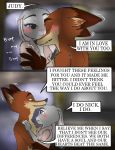  anthro black_fur blush canine claws clothing comic disney duo english_text eyes_closed fangs female fox fur gloves_(marking) green_eyes grey_fur half_naked hi_res inner_ear_fluff interspecies judy_hopps lagomorph lidded_eyes long_ears male male/female mammal markings nick_wilde open_mouth orange_fur pink_nose predator/prey progressoftomorrow purple_eyes rabbit scar size_difference smile text white_fur yellow_fur zootopia 