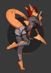  2018 anthro barefoot brown_hair butt_pose clothed clothing digital_media_(artwork) female fin fish hair marine red_eyes shark simple_background smile solo spefides tan_skin 