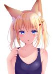  animal_ear_fluff animal_ears bell blonde_hair blue_eyes fox_ears hair_ornament hairclip imoguri jingle_bell kemomimi_oukoku_kokuei_housou long_hair mikoko_(kemomimi_oukoku_kokuei_housou) one-piece_swimsuit school_swimsuit solo swimsuit tan tanline twintails upper_body virtual_youtuber 