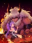  1girl asterios_(fate/grand_order) back bare_legs black_hairband black_sclera carrying chest clenched_teeth dress earrings euryale fate/grand_order fate_(series) fire flower hair_flower hair_ornament hairband highres hoop_earrings horns jewelry kosuke_(kosuke_zzz) long_hair muscle protecting purple_eyes purple_hair red_eyes scar shirtless single_earring size_difference teeth twintails white_dress white_hair 