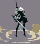  animated_gif black_blindfold blindfold boots cleavage_cutout covered_eyes feather-trimmed_sleeves hairband high_heel_boots high_heels highres juliet_sleeves katana leotard long_sleeves nier_(series) nier_automata pixel_art puffy_sleeves sword thighhighs_under_boots usualmanu virtuous_contract weapon white_leotard yorha_no._2_type_b 