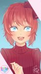  :d absurdres artist_name blue_eyes bow commentary copyright_name doki_doki_literature_club english_commentary eyebrows_visible_through_hair hair_bow highres huge_filesize logo looking_at_viewer moriartea-chan open_mouth ribbed_sweater sayori_(doki_doki_literature_club) short_hair smile solo sweater turtleneck upper_body 
