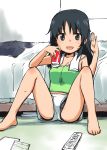 1girl :d barefoot black_hair camisole casual character_request coca-cola feet female hamahara_yoshio indoors long_hair open_mouth panties short_shorts shorts sitting soda solo toes towel_around_neck upshorts 