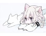  animal animal_ears bangs cat cat_ears dress grey_hair hair_between_eyes koneko_mari long_sleeves lying on_stomach original purple_eyes solo white_cat white_dress 