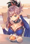  blue_eyes blush breasts brown_hair chair chopsticks cleavage collarbone eyebrows_visible_through_hair fate/grand_order fate_(series) highres holding holding_chopsticks hopepe large_breasts looking_at_viewer medium_hair miyamoto_musashi_(fate/grand_order) parted_lips sitting solo table udon upper_body 