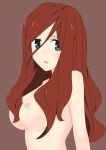  absurdres areolae blush breasts brown_background brown_hair darling_in_the_franxx eyes_visible_through_hair green_eyes hair_between_eyes highres medium_breasts nana_(darling_in_the_franxx) nipples nude open_mouth simple_background solo unkoman_(rakugakiunkoman) upper_body 