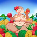  2018 anthro banana big_breasts bikini breasts cherry cleavage clothed clothing eyes_closed female flower food fruit gecko lizard lonbluewolf mango_(fruit) melon pineapple plant reptile scalie sky solo strawberry swimsuit tropical water watermelon 
