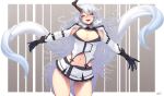 :d ass_visible_through_thighs breasts cleavage contrapposto cowboy_shot gloves heavy_breathing highres horn jjune large_breasts long_hair looking_at_viewer midriff miniskirt multiple_tails navel open_mouth original outstretched_arms skirt smile solo standing tail two_tails white_hair yellow_eyes 