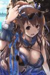  asymmetrical_bangs bangs bare_shoulders beatrix_(granblue_fantasy) bikini blue_bikini blue_ribbon breasts brown_eyes brown_hair cleavage coffee1223 commentary_request day detached_collar eyewear_on_head granblue_fantasy hair_between_eyes hair_ribbon highres large_breasts long_hair looking_at_viewer open_mouth outdoors ponytail ribbon sarong scrunchie solo sunglasses swimsuit sword weapon wrist_cuffs 