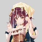  atelier_(series) atelier_sophie blush breasts brown_eyes brown_hair collared_coat corset cross-laced_clothes happy_turn2 head_scarf jewelry long_sleeves looking_at_viewer necklace off_shoulder sexually_suggestive short_hair solo sophie_neuenmuller suggestive_fluid underbust wet wide_sleeves 