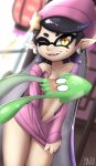  blush callie_(splatoon) cephalopod clothed clothing convenient_censorship ear_piercing female hi_res humanoid inkling looking_at_viewer mammal marine nintendo not_furry one_eye_closed open_mouth partially_clothed piercing pointy_ears rilex_lenov smile solo solo_focus splatoon splatoon_2 squid tentacle_hair tentacles text video_games wink 