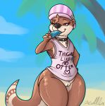  berry_ranieri bottomless clothed clothing collar dessert female flat_chested food hat ice_cream looking_at_viewer mammal mustelid otter popsicle pussy red_eyes semi-anthro solo thick_thighs xilrayne 