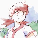  2018 akane_(pokemon) closed_mouth dated eyebrows_visible_through_hair gym_leader highres muneondo pink_eyes pink_hair pokemon pokemon_(game) pokemon_gsc shirt short_sleeves simple_background smile solo twintails upper_body white_background white_shirt 